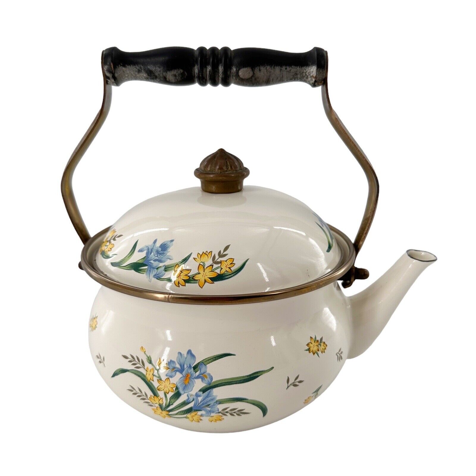 ASTA ENAMELWARE TEA KETTLE Floral Teapot Wood Enamel MCM Granny core Retro Vtg