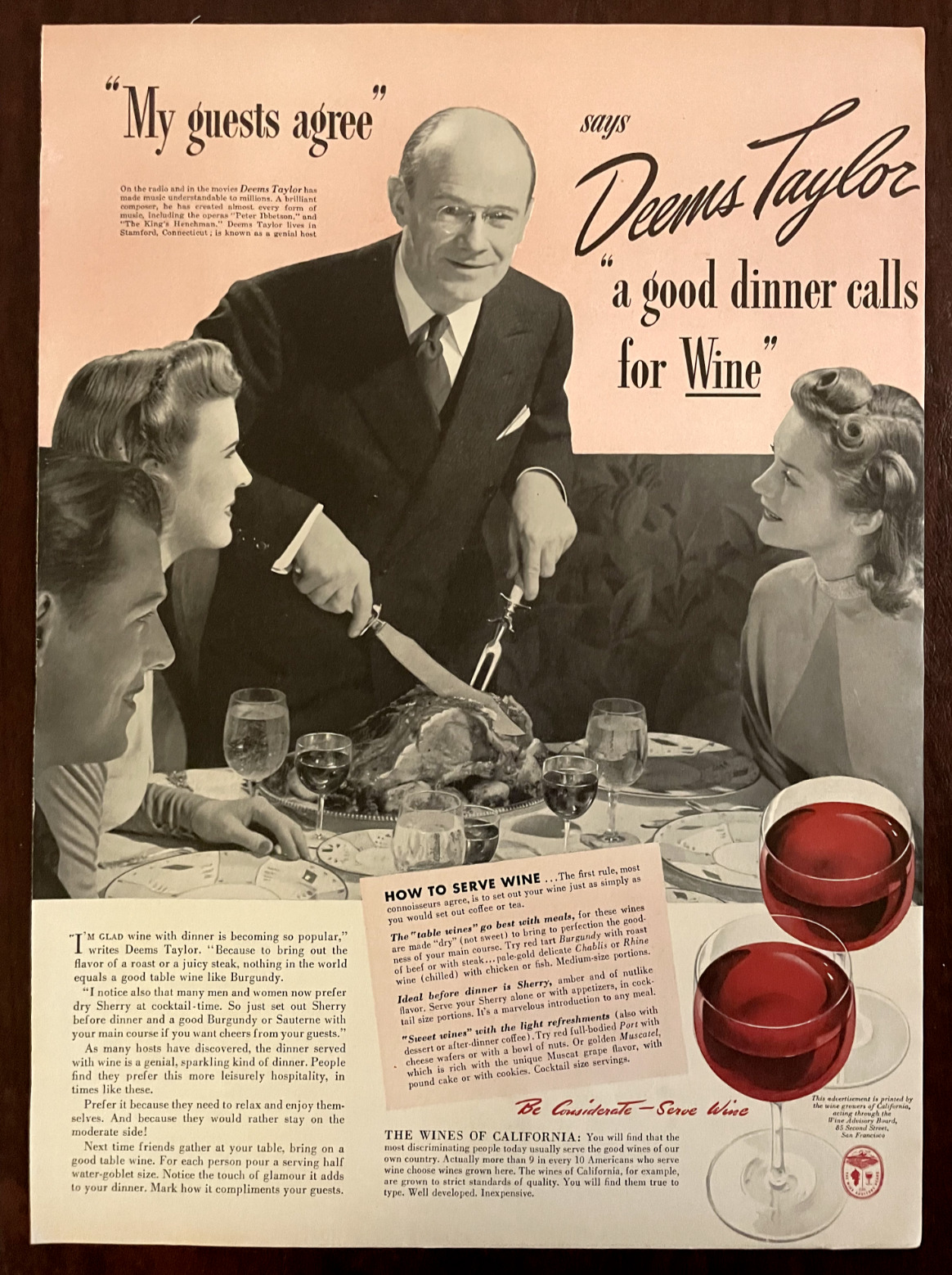 1941 CALIFORNIA Red Wine Vintage Print Ad Dinner Carving Roast Beef Meat