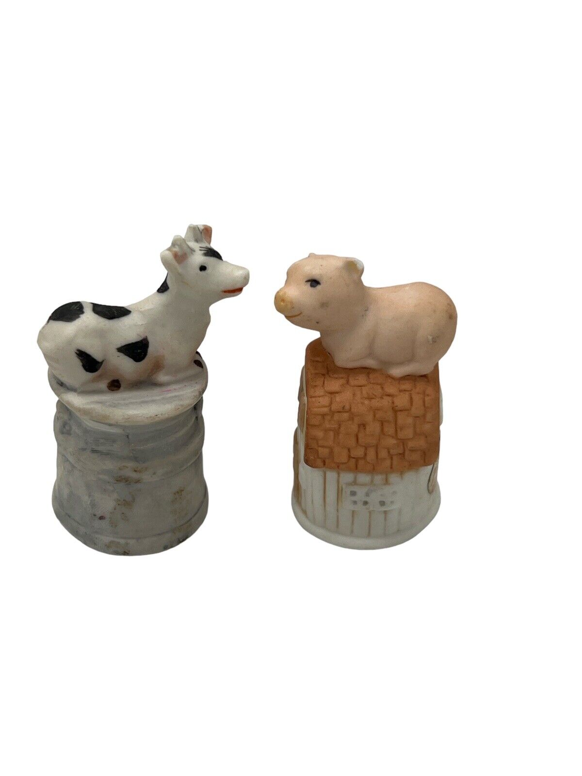 Vintage 1980s Enesco Cow and Pig Porcelain Thimbles Figurines 2”