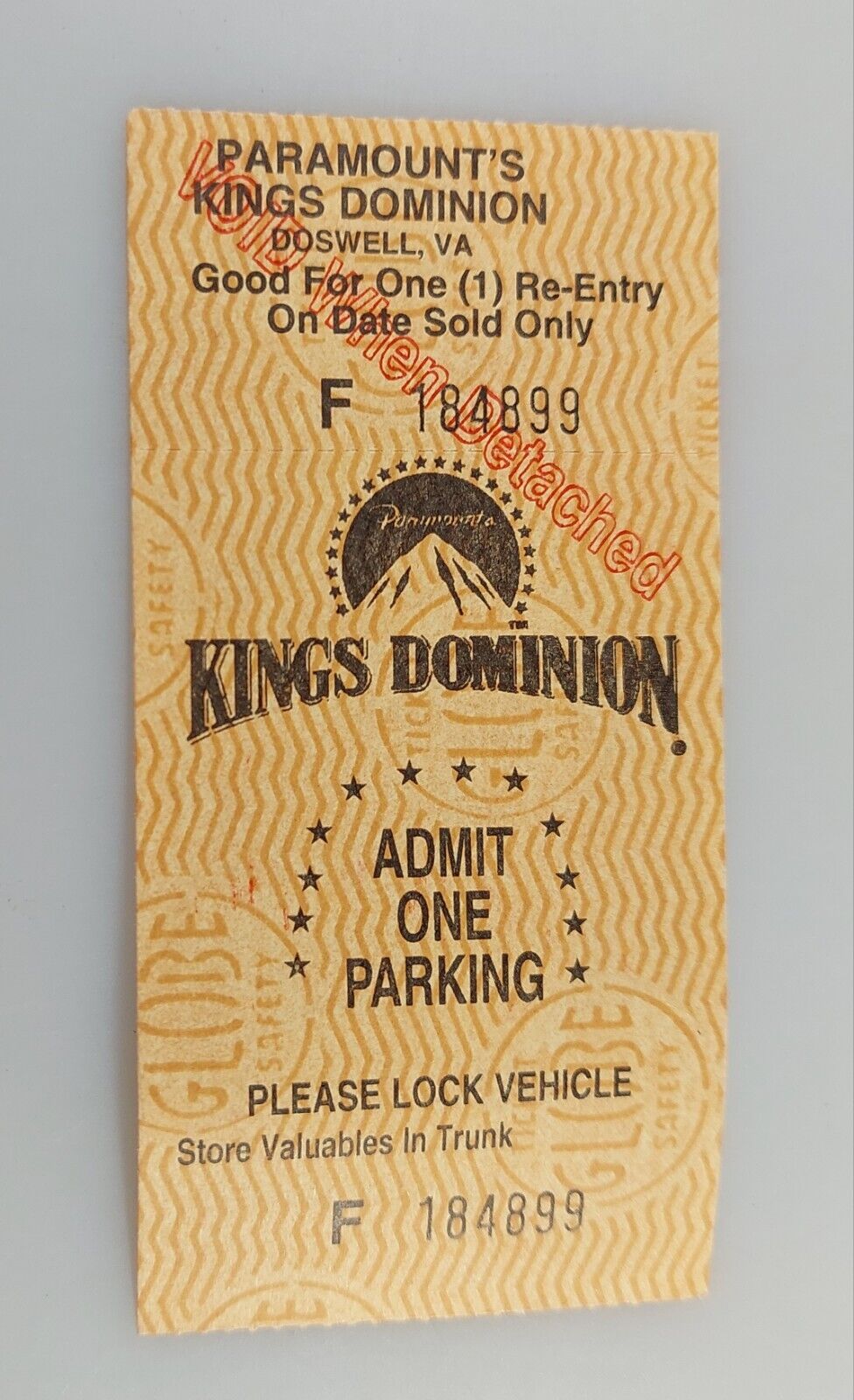 Paramounts Kings Dominion Amusement Park Doswell VA Car Parking Pass Ticket Stub