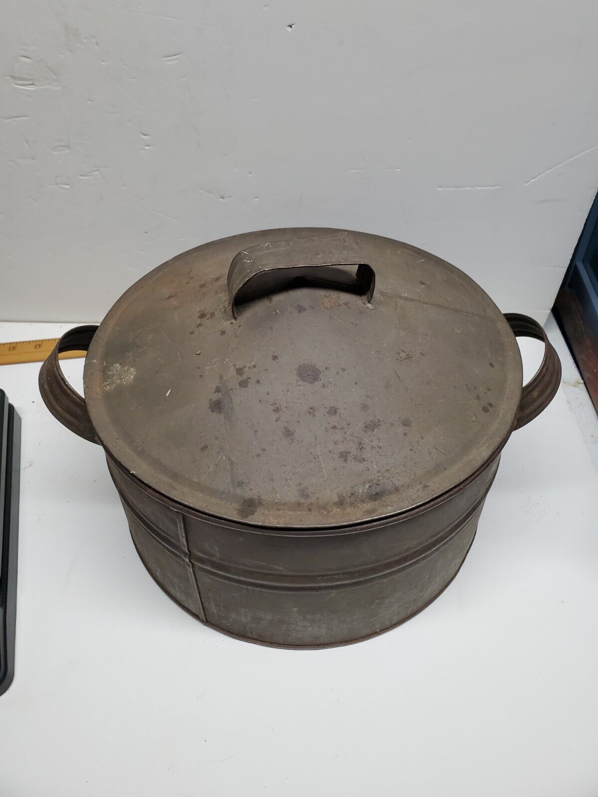 Antique Primitive Galvanized Tin Steamer Cooker Insert Pot & Lid