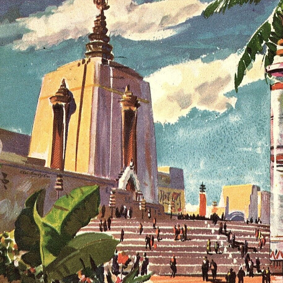 1939 GGIE California World\'s Fair Postcard Artist Depiction Oriental East Towers