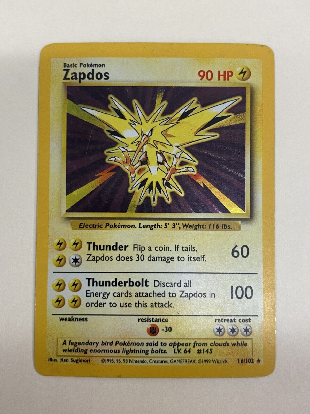 Zapdos Base Set 16/102 (Holo Rare, Unlimited, Light Play) (Pokemon TCG)