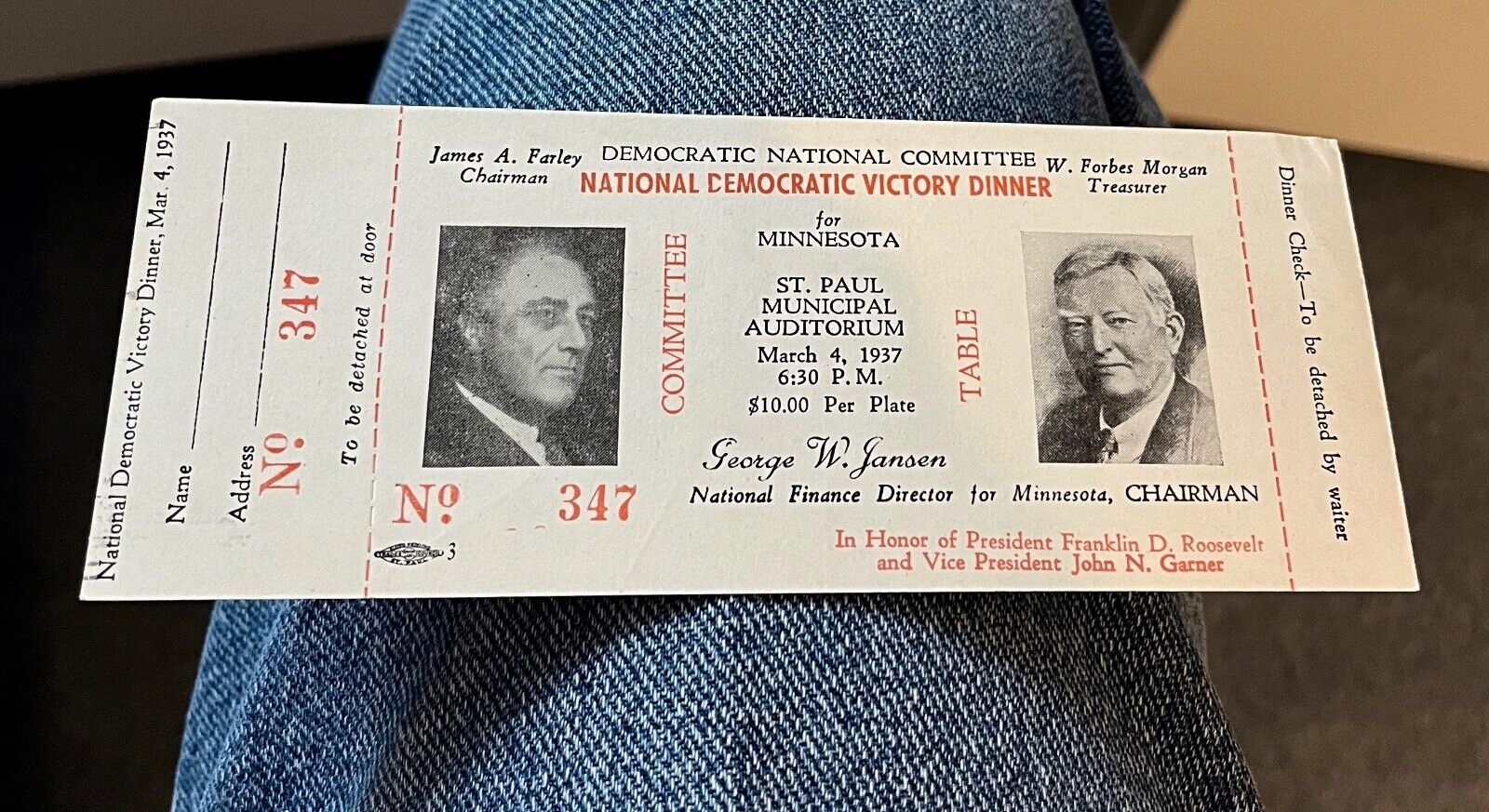 Scarce 1937 Democratic National Committee Victory Dinner St Paul, Mn. #\'d Ticket