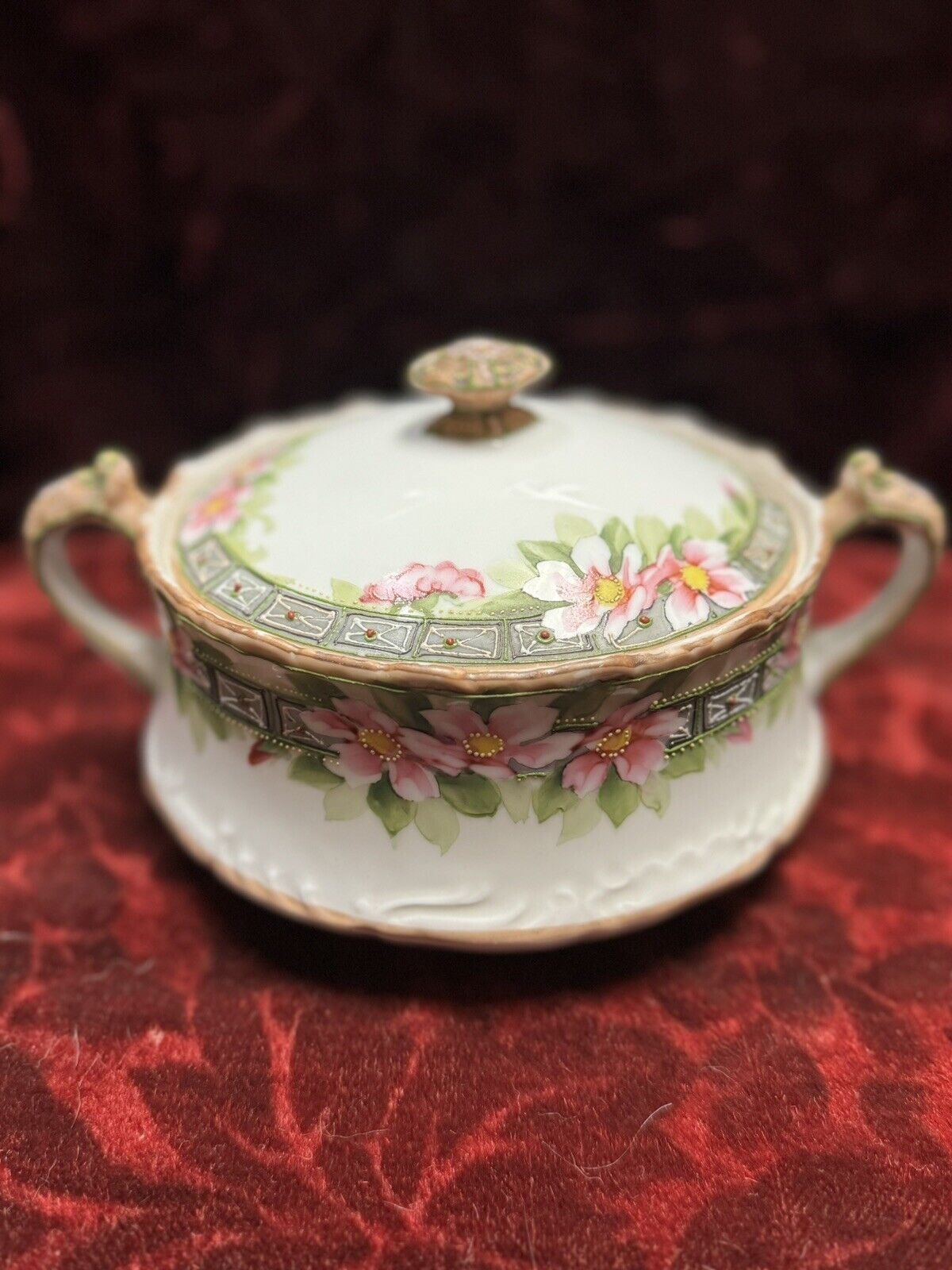 Antique Nippon Hand Painted Biscuit/Sugar W/Pink Dogwood Flowers Moriage Lidded