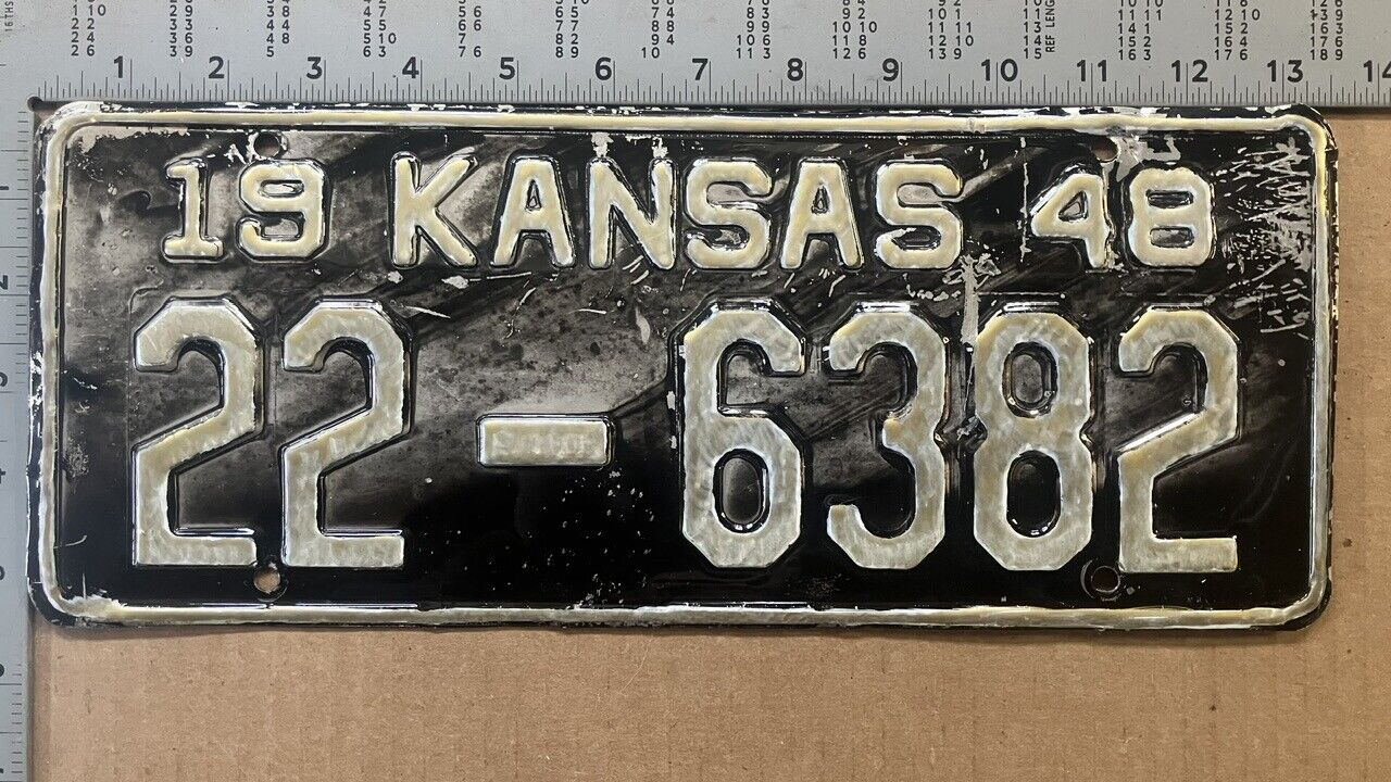 1948 Kansas license plate 22-6382 YOM DMV Neosho PATINA + clearcoat 14734