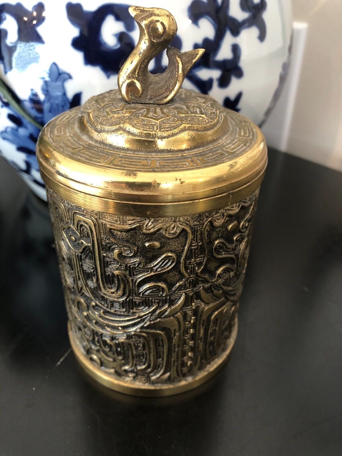 Vintage Brass Ornate Jar Canister Box Vanity MCM Animals Duck