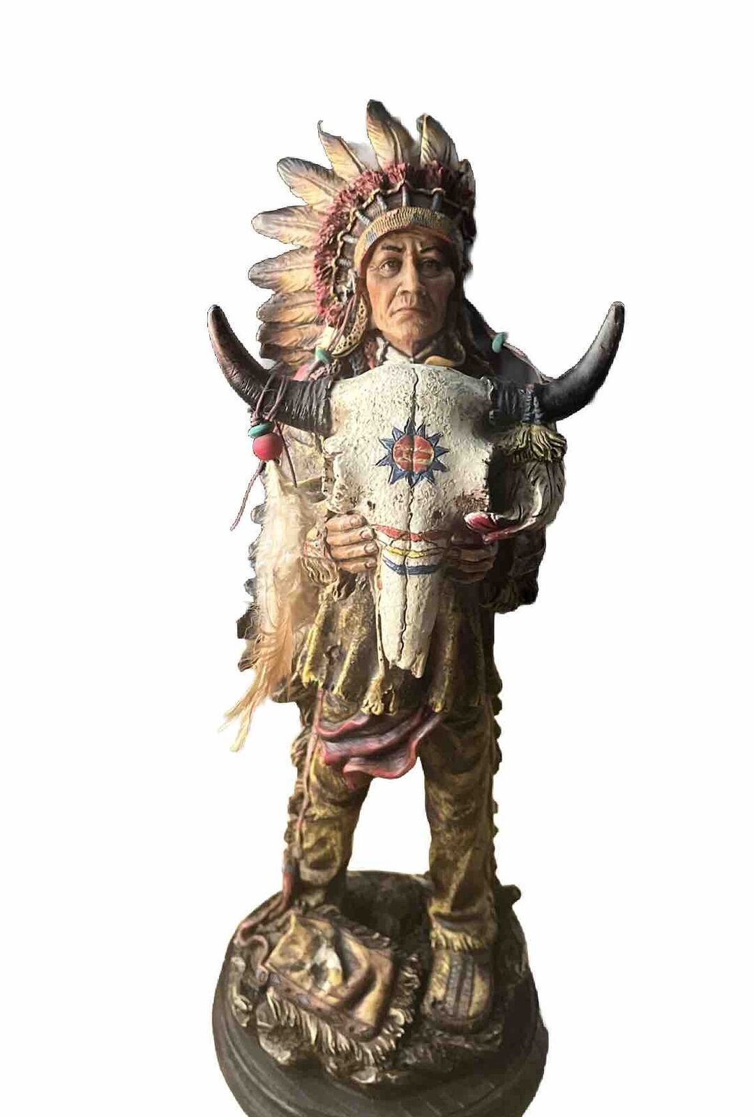 Vintage Indigenous Native American Chief Holding Animal Skull 14” Pre Owned
