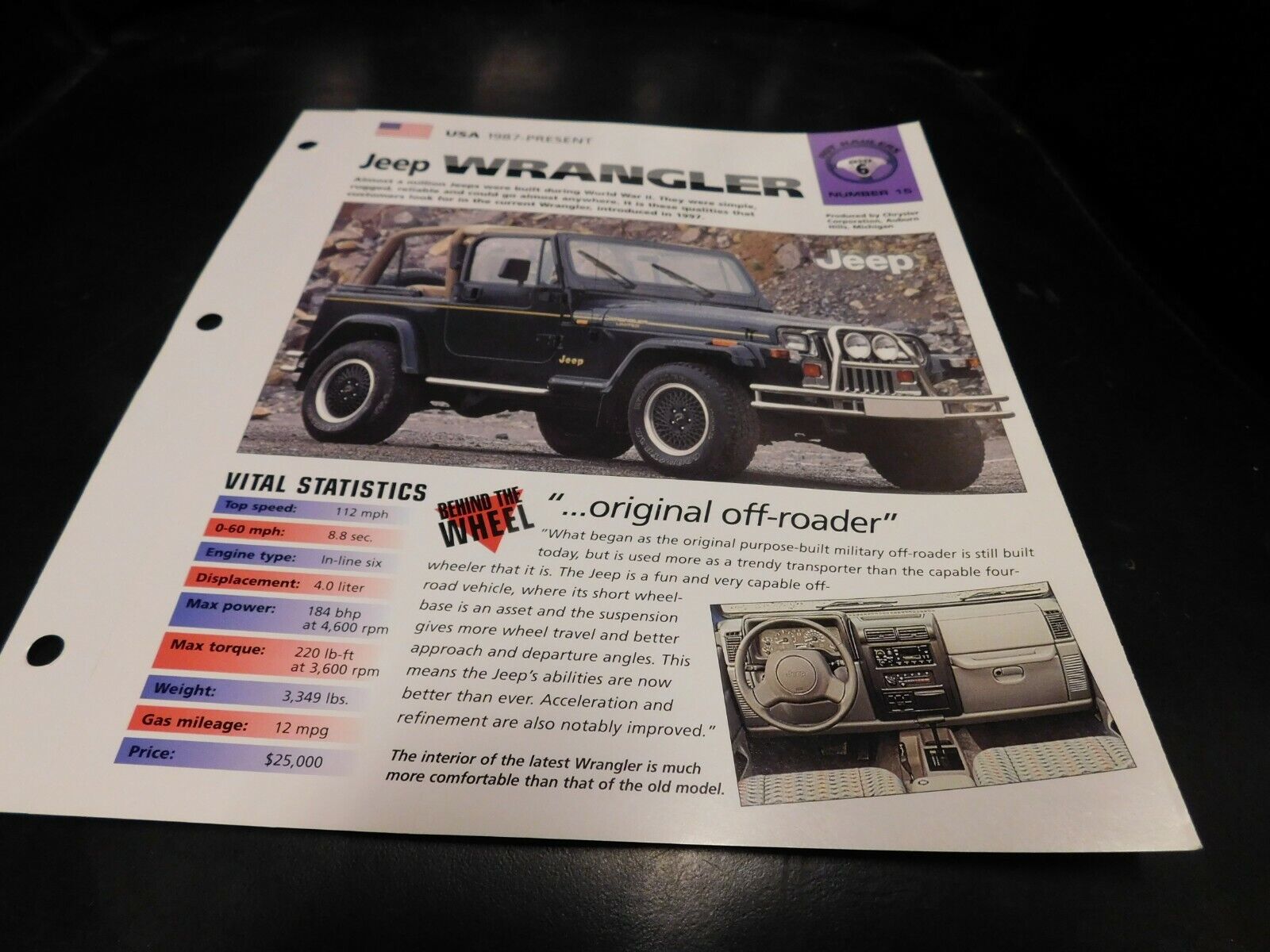 1987-2006 Jeep Wrangler YJ TJ Spec Sheet Brochure Photo Poster 88 89 90 91 92 