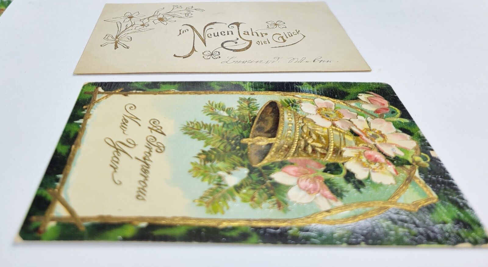 2 Antique New Year Greetings Postcards Florals Bell