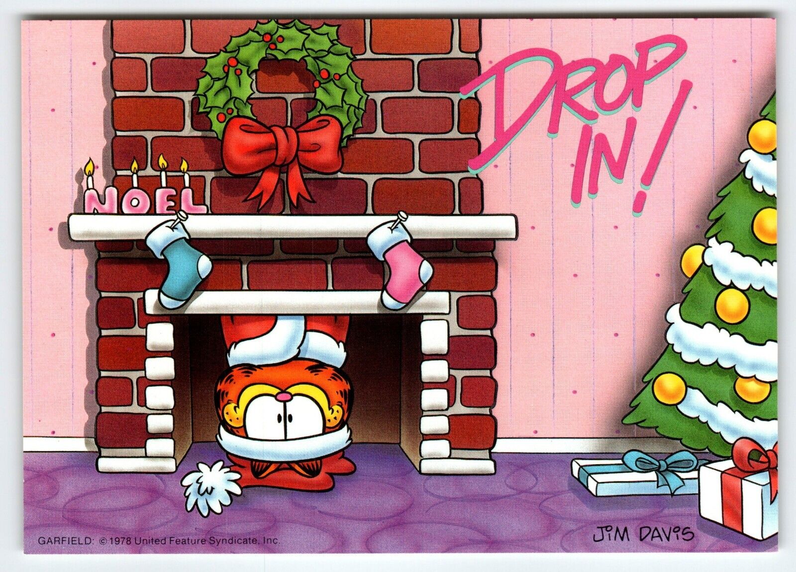 Garfield Christmas Postcard Drop In Chimney Jim Davis Orange Tabby Cat 1978