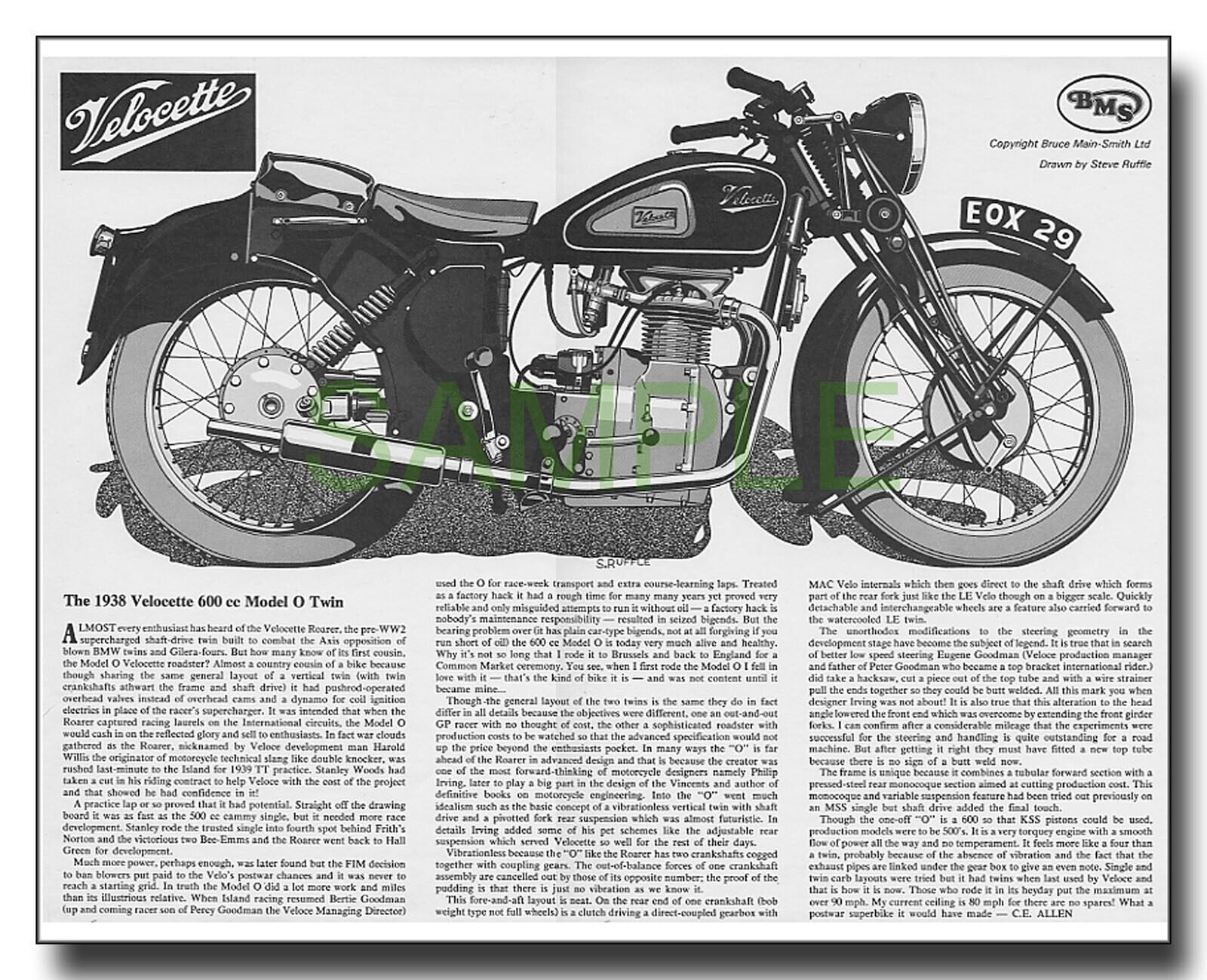 Velocette Model O 600cc Twin 1938 framed BMS picture free p&p UK