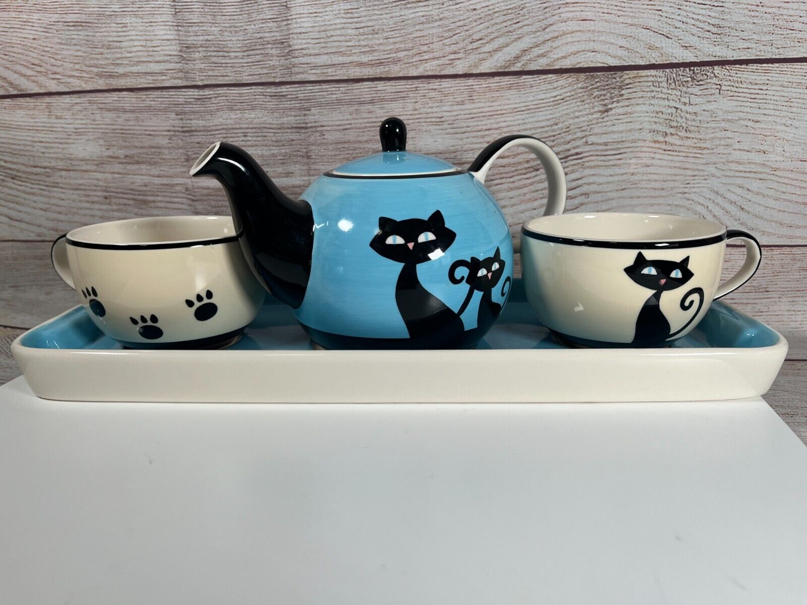 Hues n Brews Cattitude Siamese Cat Tea Pot, Tea Cups, Serving Tray Set