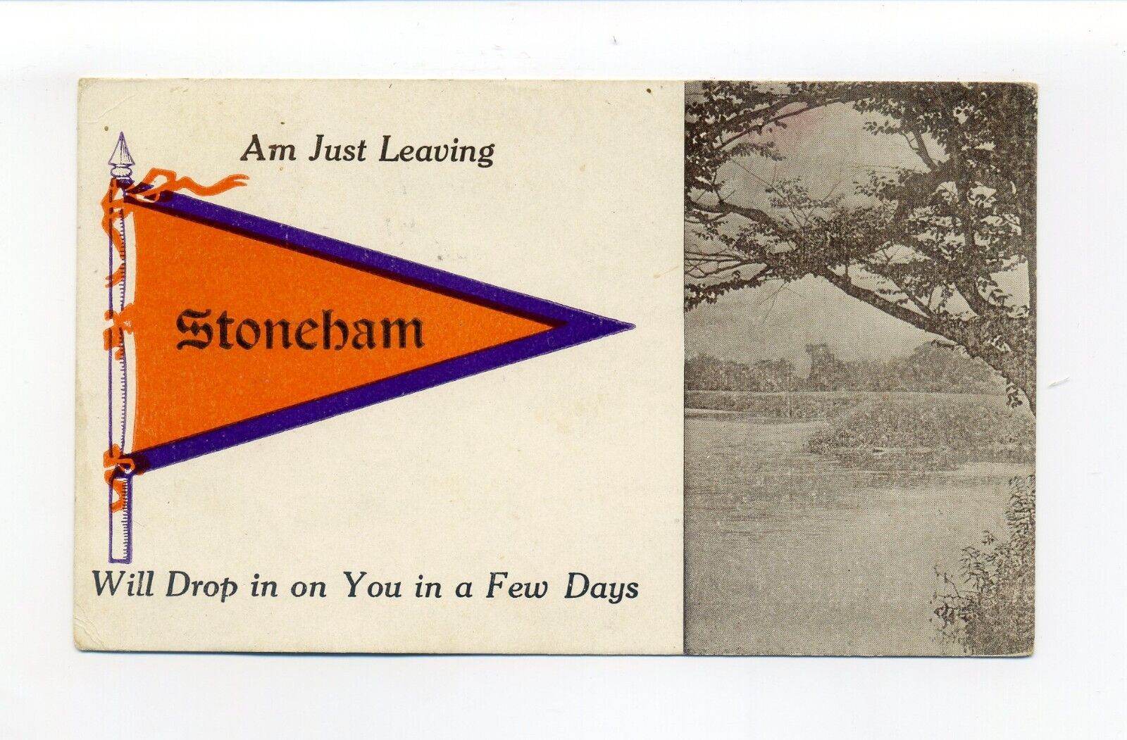 Stoneham MA 1912 pennant postcard, going to Brockton Fair