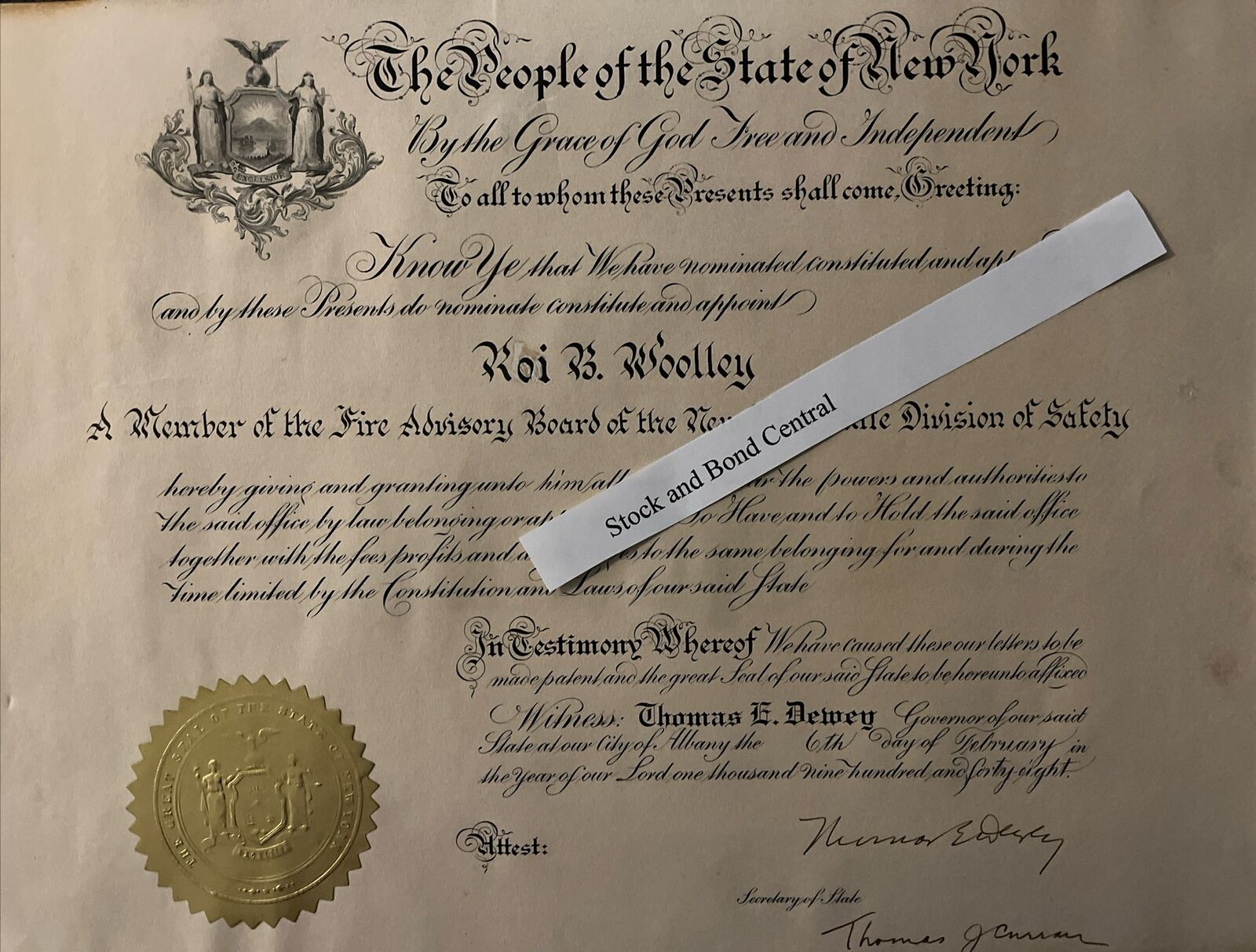 Thomas E. Dewey Signature NYFD Commendation Dated 1948, New York Fire Department