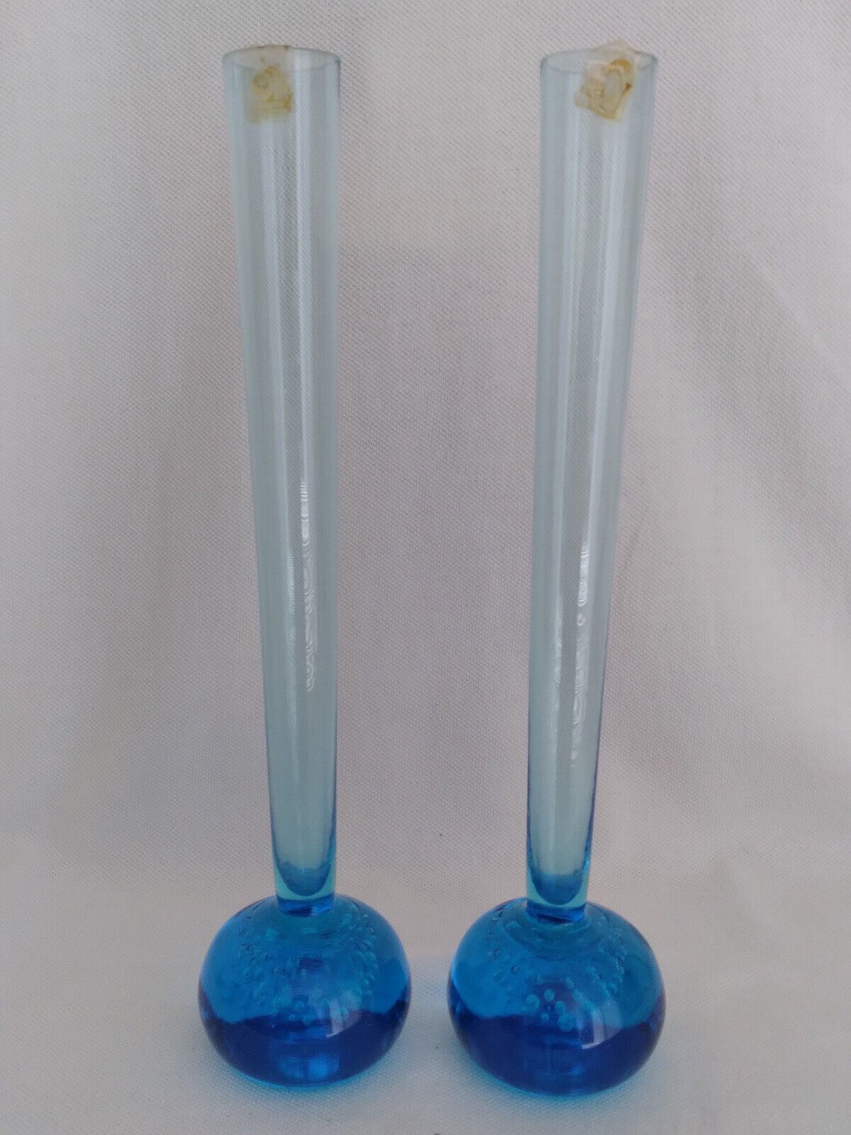 Two (2) Vintage Tall Thin ALSTERFORS Sweden Blue Glass Vase w/ Bubble Ball Base