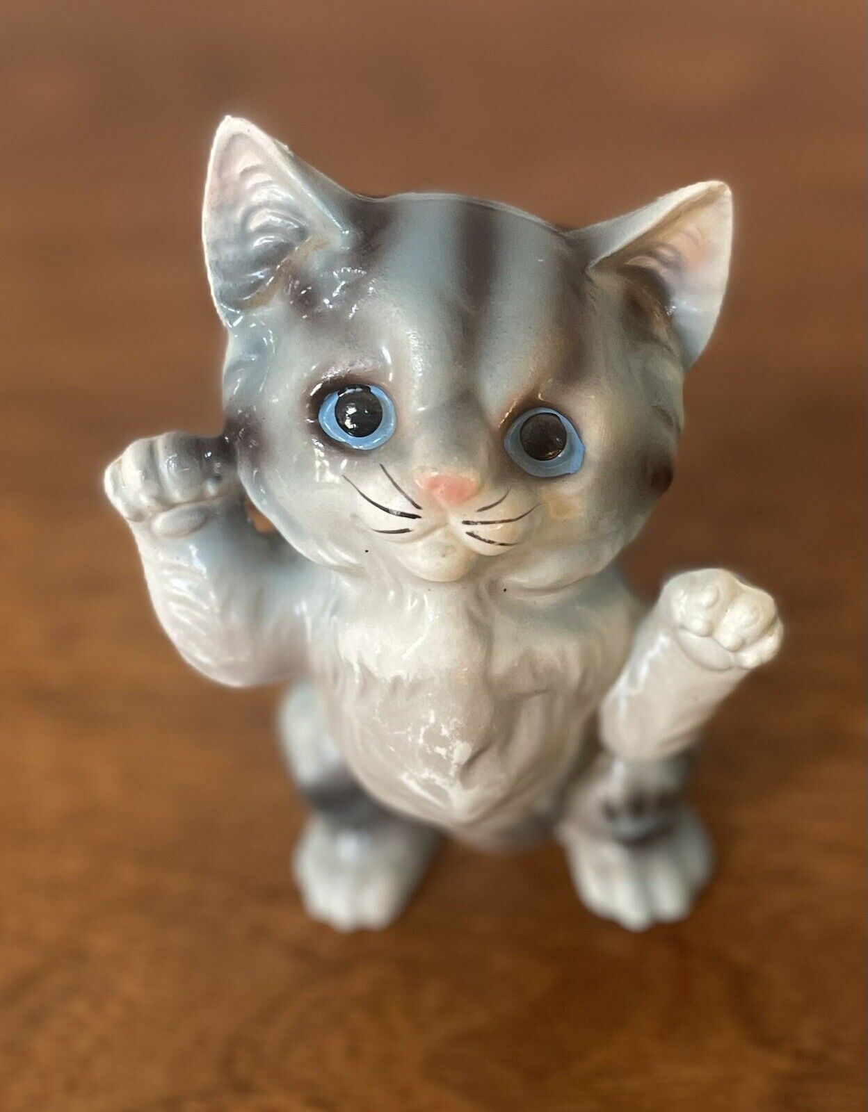 Vintage Ceramic Blue Eye Kitten -Figurine Blue Gray Stripes 4.5” Tall-Very Cute