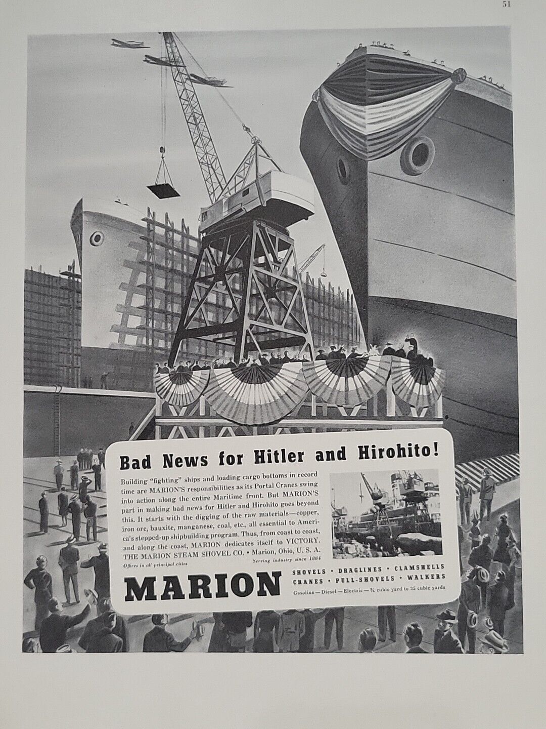 1942 Marion Steam Shovel Company Fortune WW2 Print Ad Q3  U.S. Battleships Boats