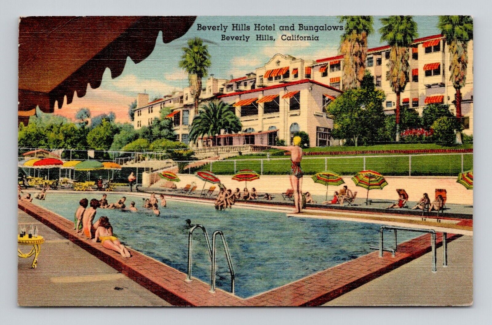 Postcard Beverly Hills Hotel Bungalows & Pool California CA, Vintage Linen O8