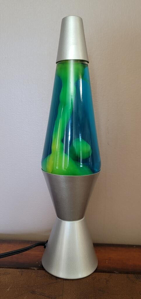 Lava Lamp 14.5 Inch Tall Classic Silver Base Green Lava Blue-ish Liquid