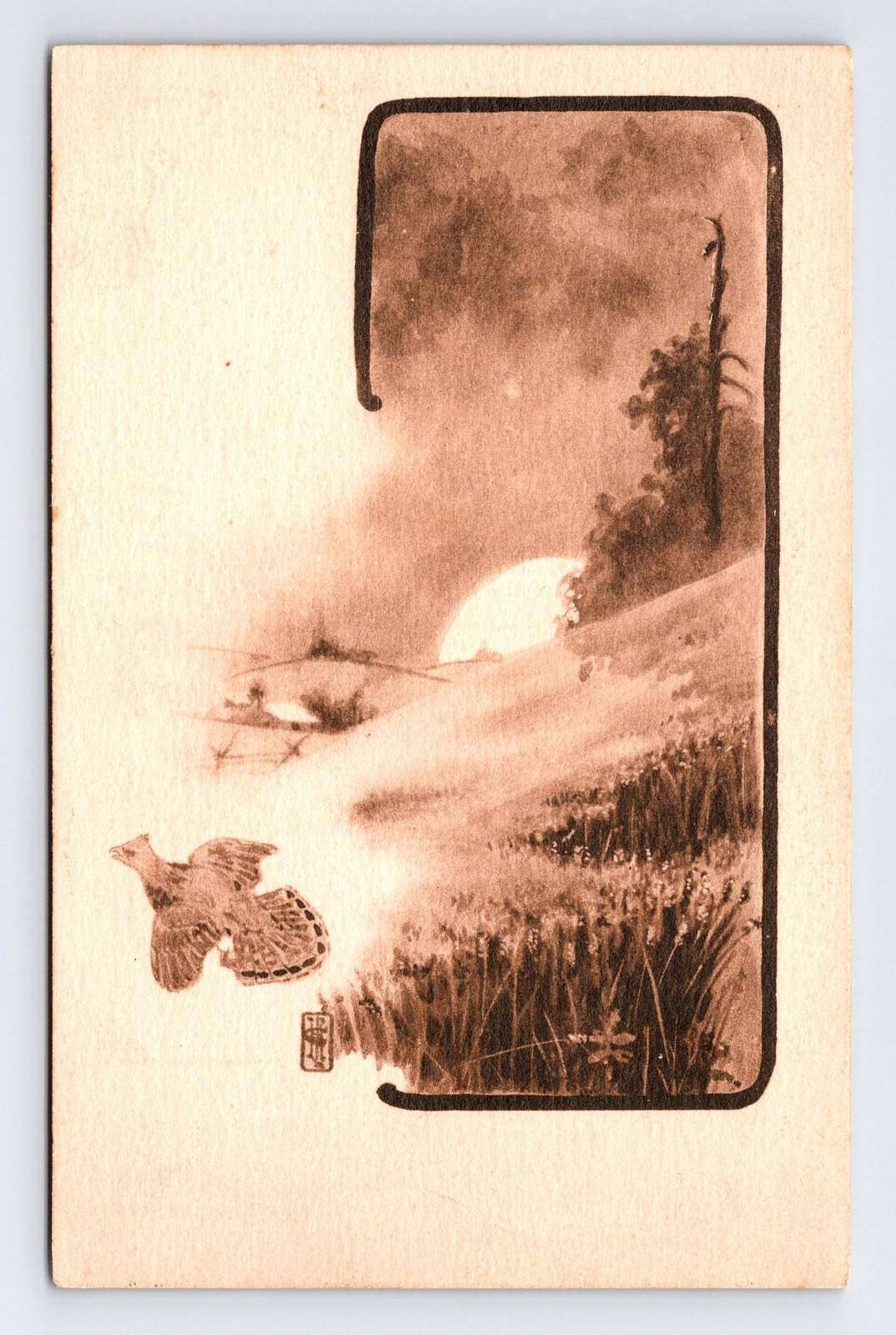 c1909 DB Postcard Sepia Toned Pastural Landscape View Bird Grouse?