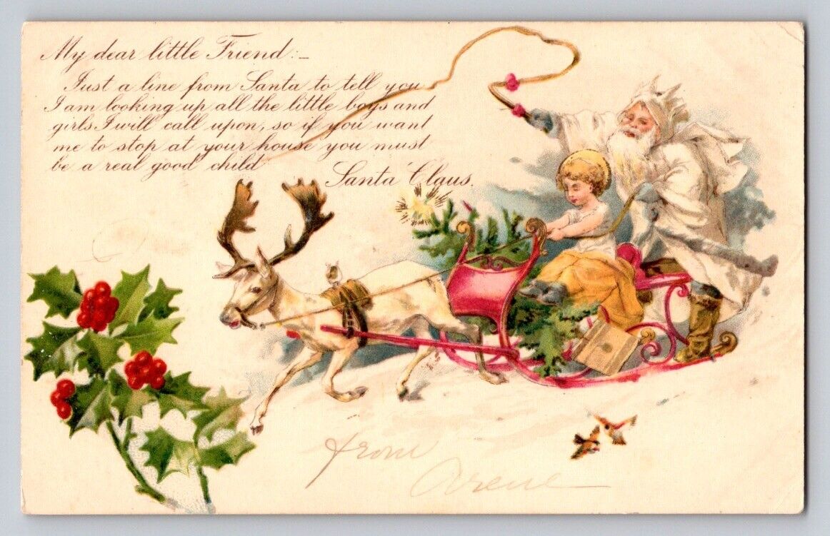 c1905 White Santa Claus Reindeer Whip Sleigh Tree Birds Christmas P333