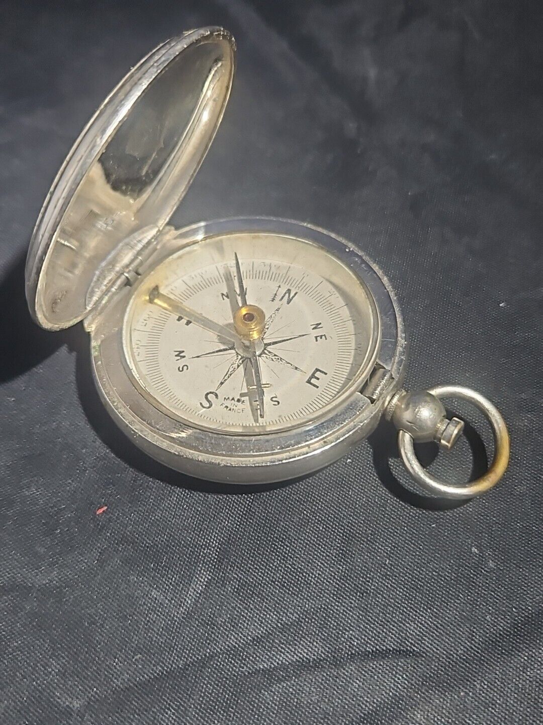 Vintage Silver tone French Officer's Pocket Compass Full Pocket Watch Type Case