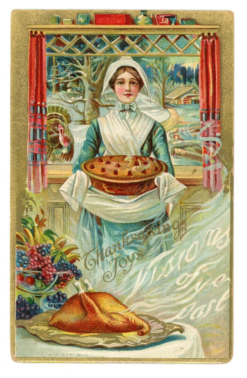 Antique Thanksgiving Day Embossed Postcard Women Pie Turkey c1910