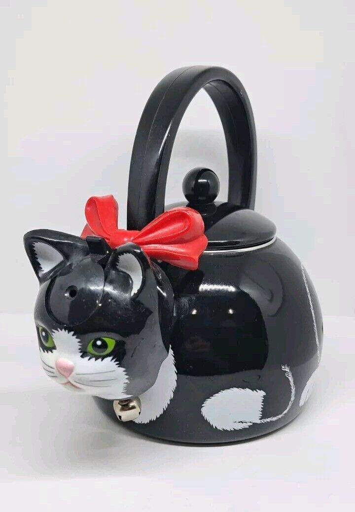Vintage 1990s Black White Kitty Cat Whistling Metal Tea Kettle Teapot Ancona