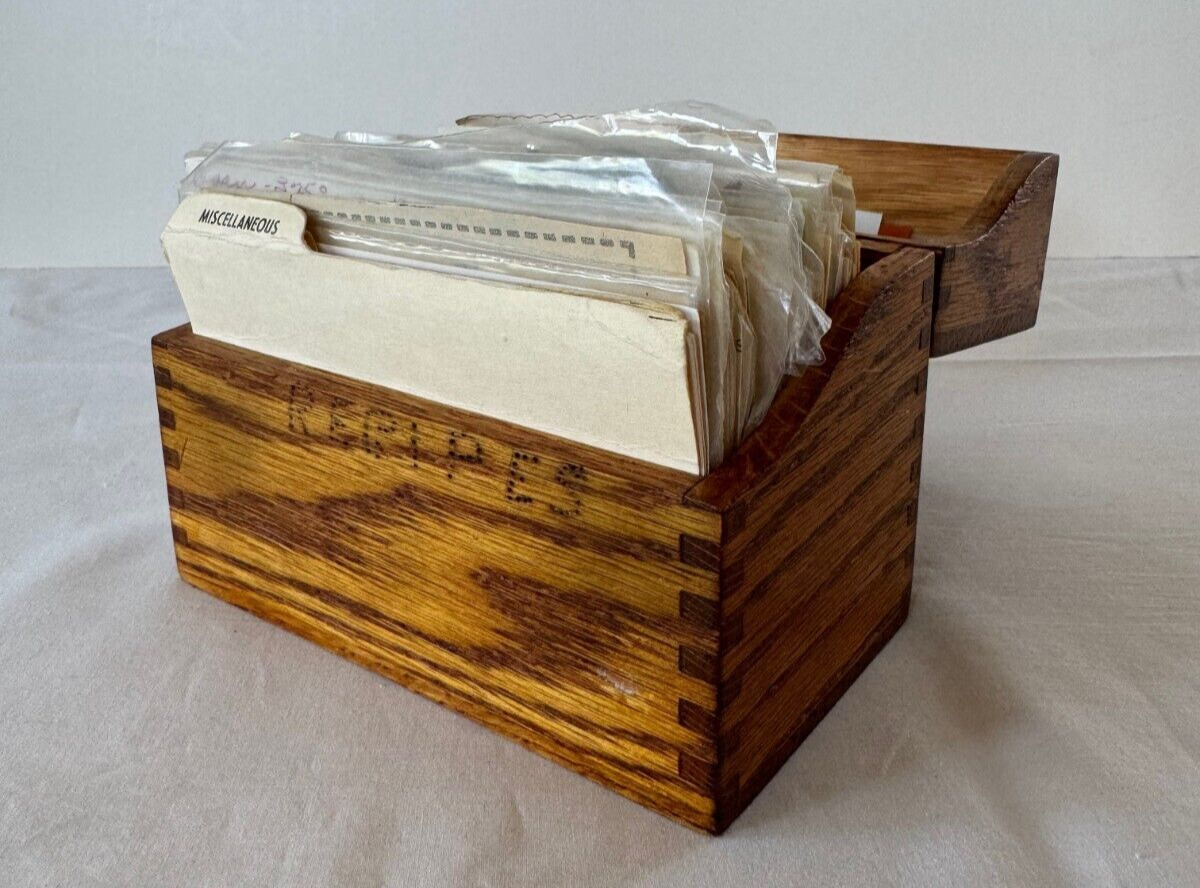 Vintage Dovetailed Wooden Recipe Box Stuffed  Handwritten and Clipped Recipes