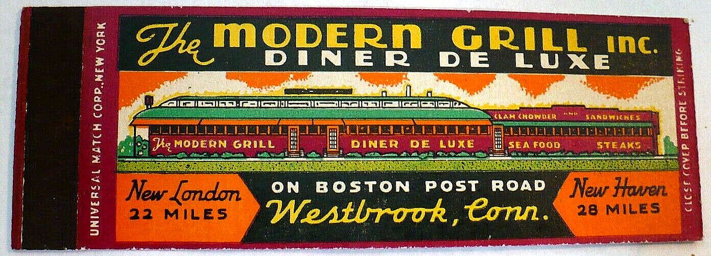 1940'S THE MODERN GRILL DINER WESTBROOK, CONN. MATCHCOVER FLAT 20 STRIKE