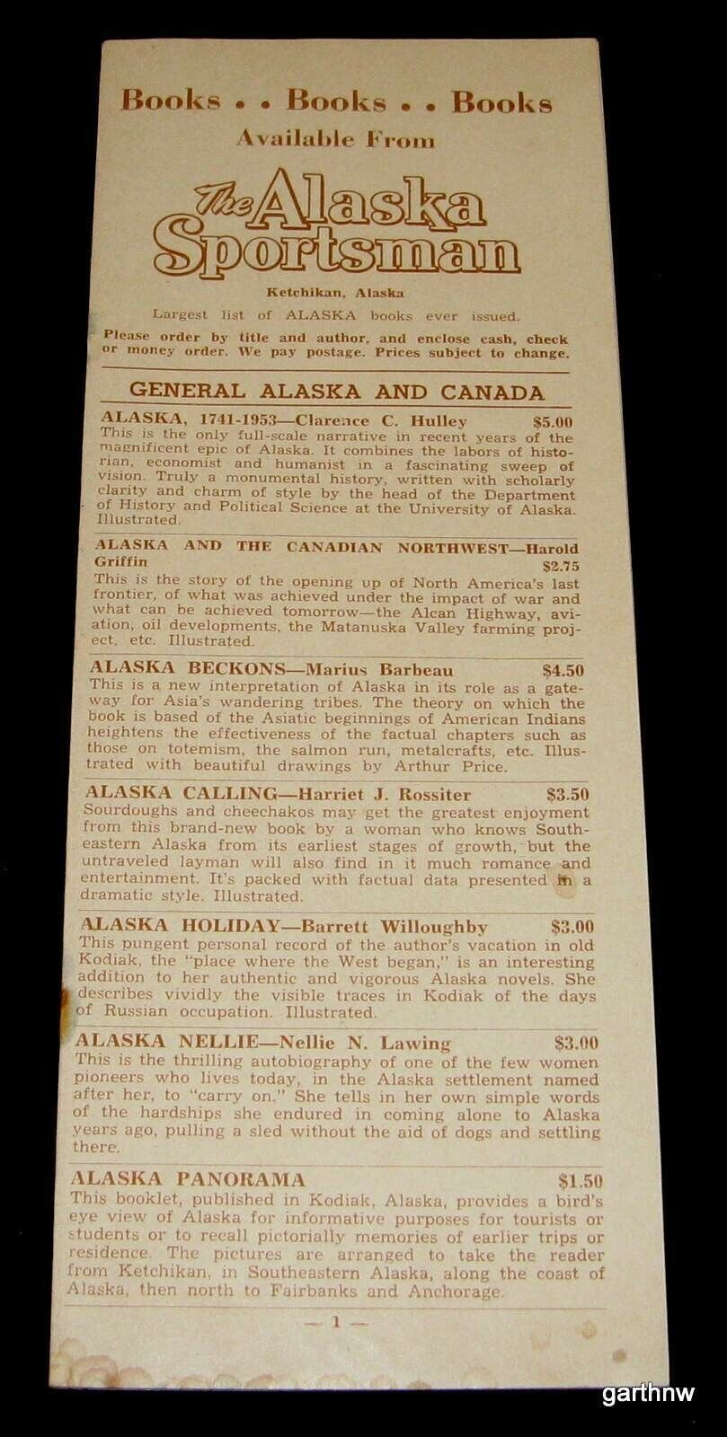 THE ALASKA SPORTSMAN RARE ca 1954 BOOK CATALOG OUTDOORS NATIVES WILDLIFE MINING