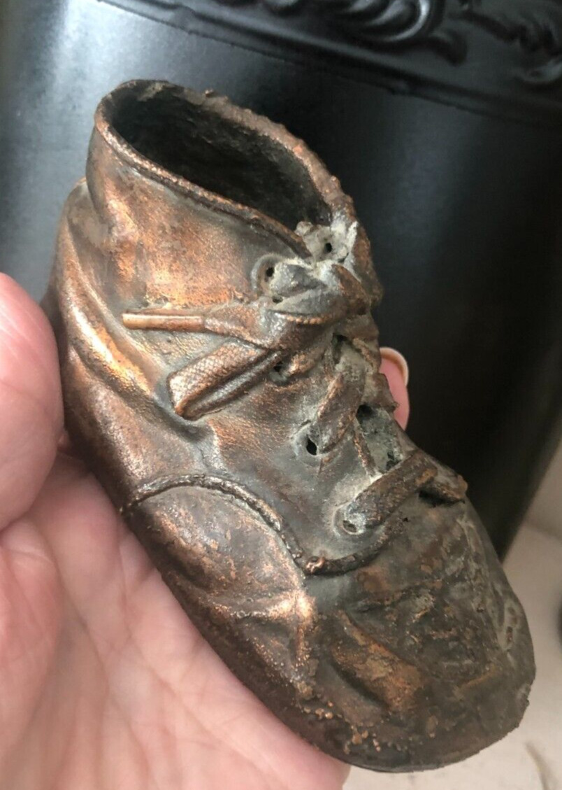 Vtg Copper Bronze BABY SHOE Infant Figurine Right Foot Trinket Antique Old a