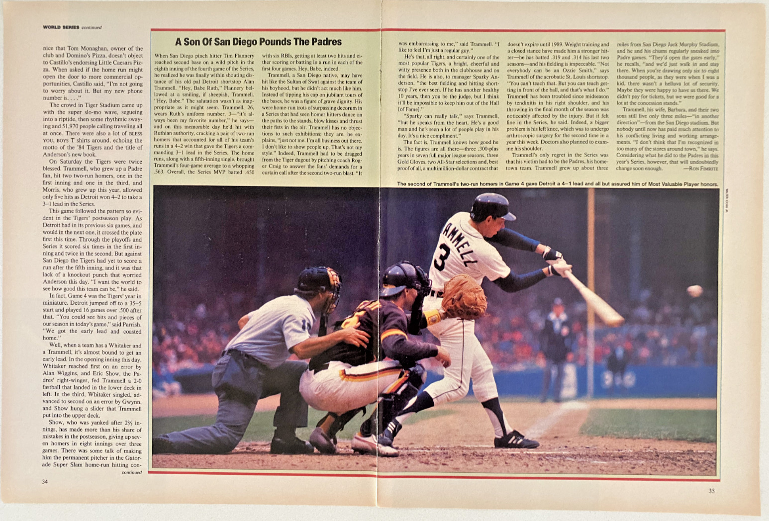 Alan Trammell Detroit Tigers World Series vs Padres Vintage 1984 Mag Article