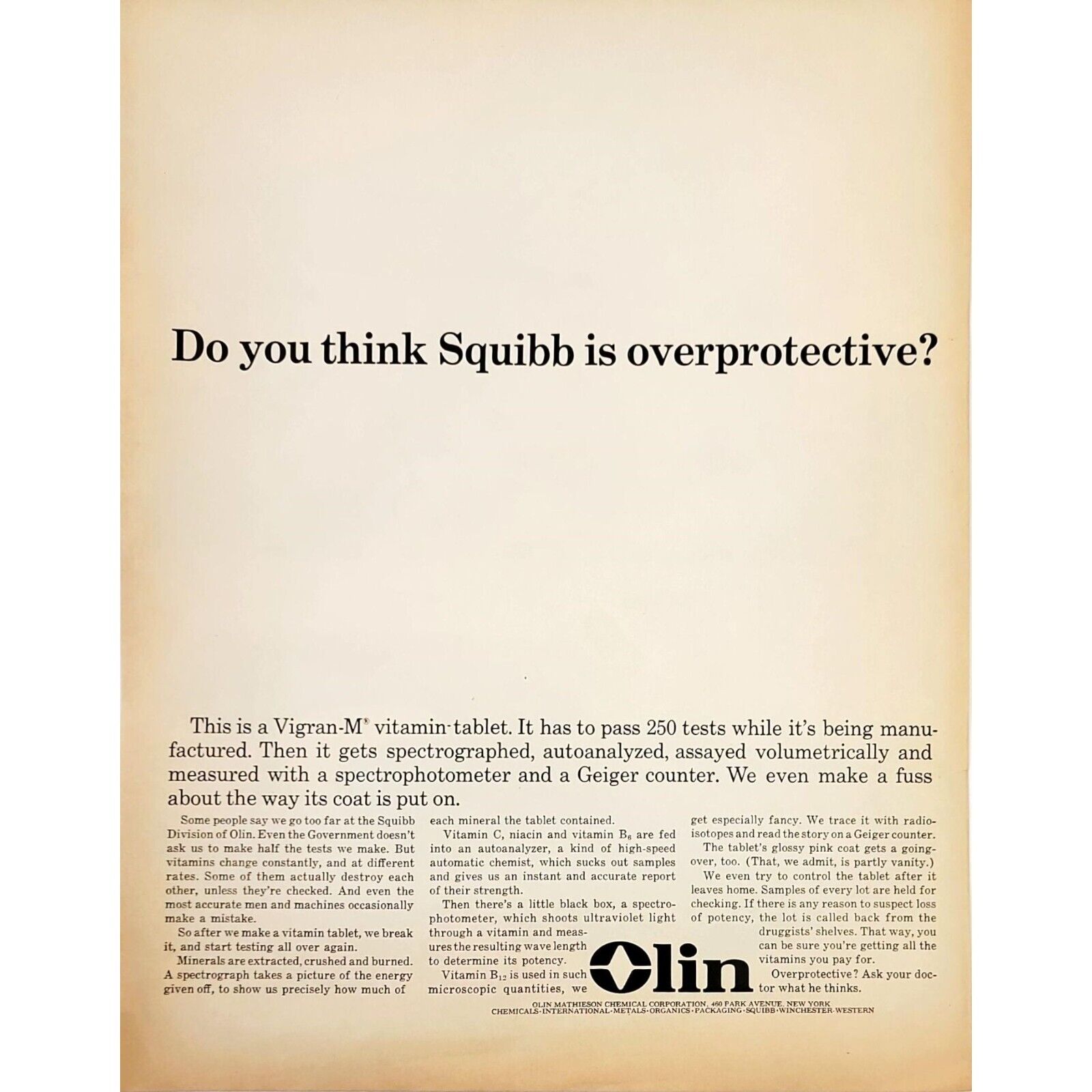 Vintage Oct 1963 Print Ad 10x13 Olin Mathieson Chemical Squibb Vigran-M Vitamin