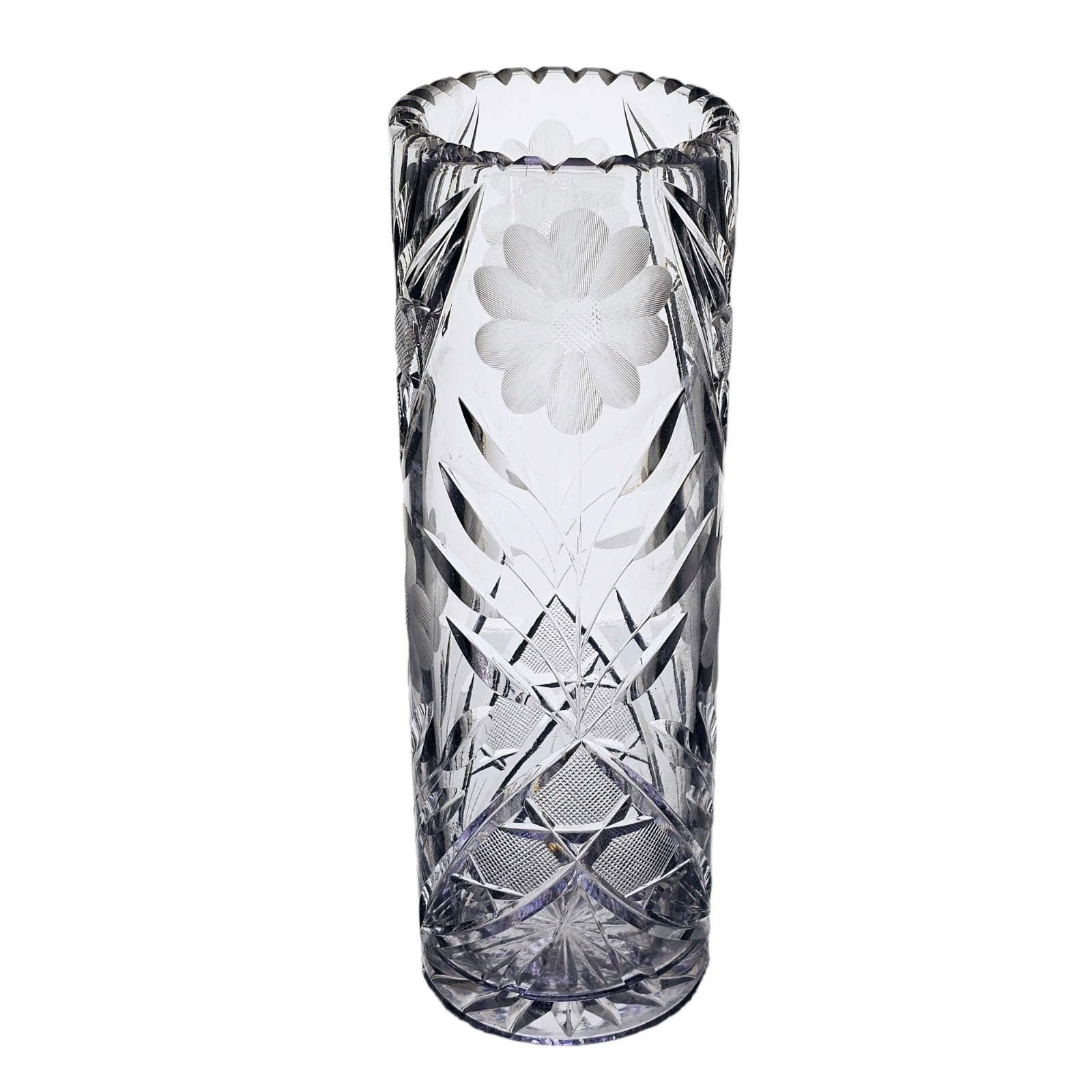 Vintage Heavy Clear Cut Glass Vase Etched Floral Design 12\