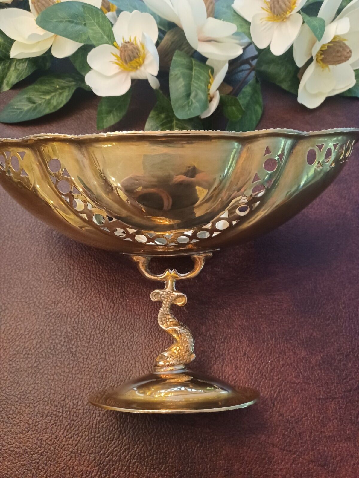 Vintage Brass Compote with Fish Pedistal and Pierced Bowl 12\
