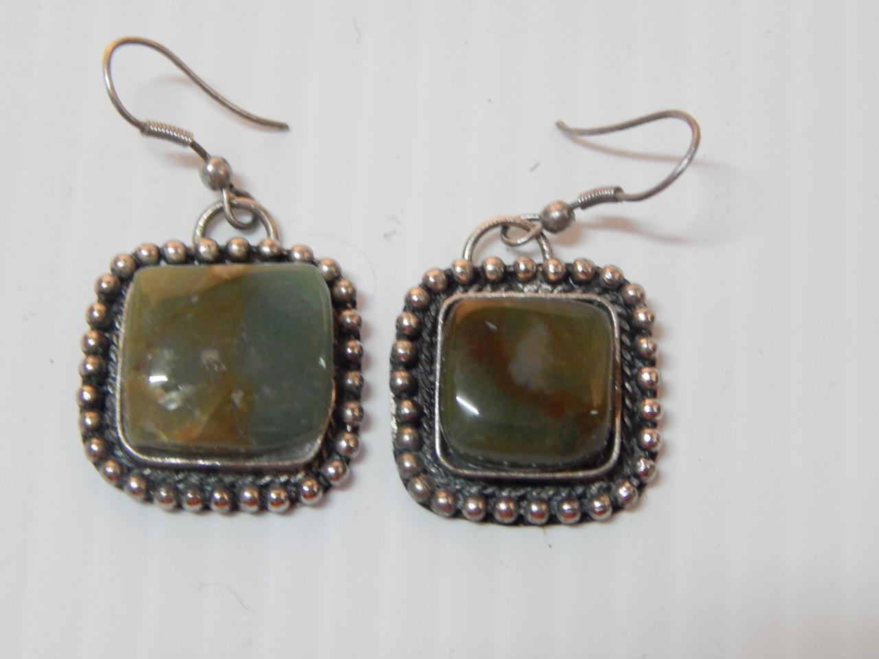 ANTIQUE MEXICAN COLONIAL DSGN STERLING SILVER GREEN ONYX EARRINGS - FINE GIFT