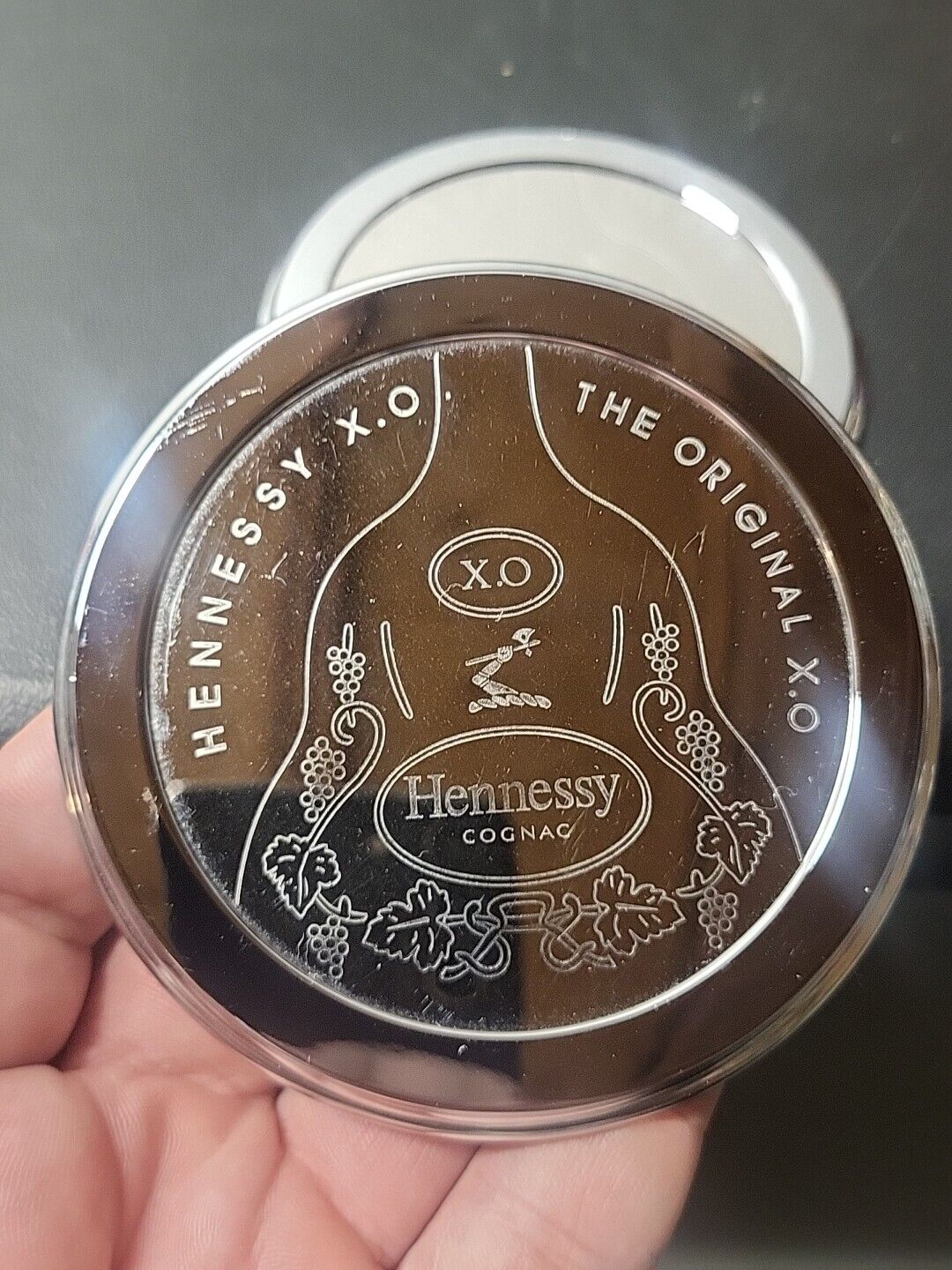 Set of 2 Vintage Hennessy XO Collectible Coasters Silver Metal Black Felt Bottom