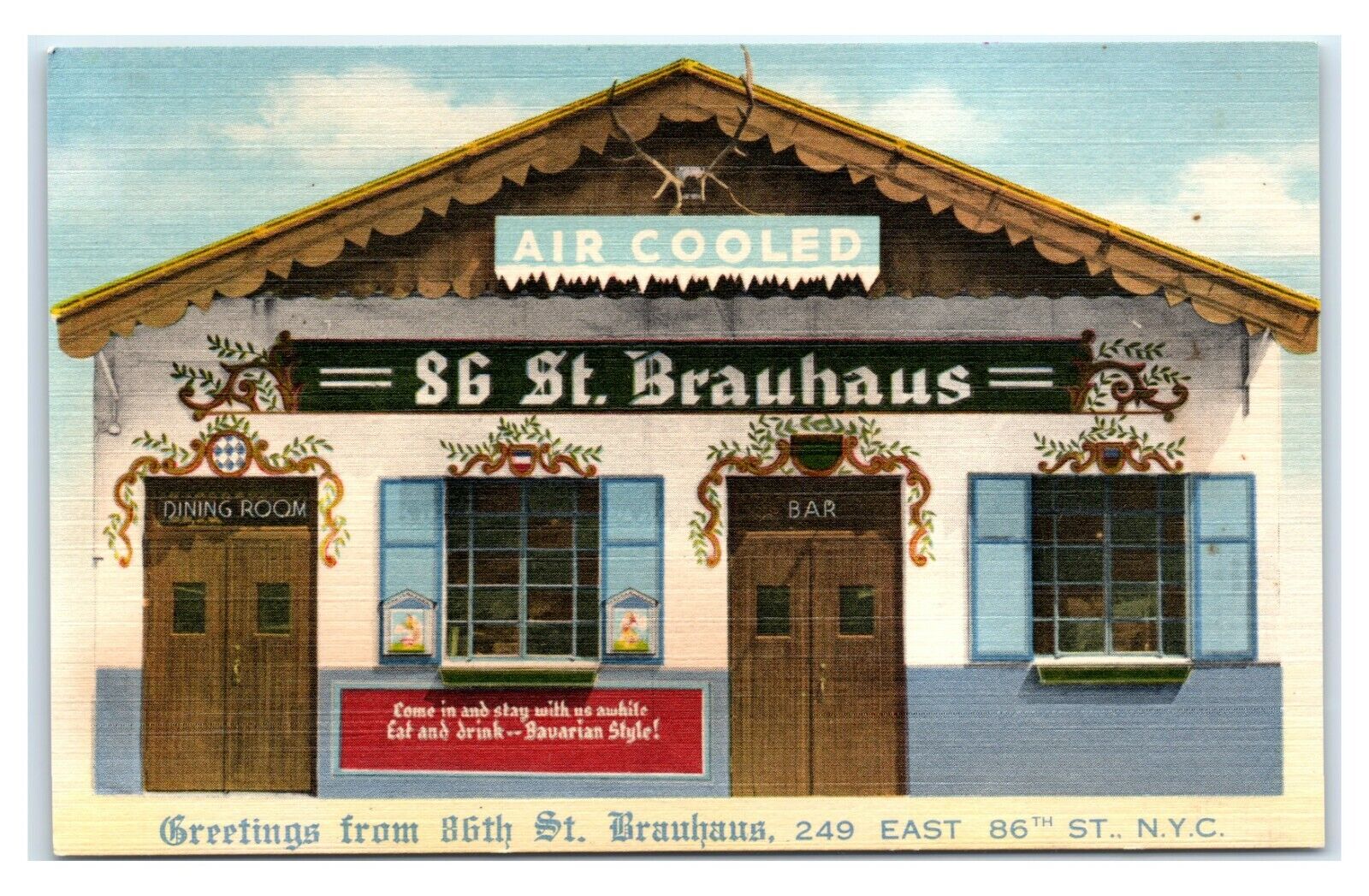 Postcard Greetings from 86th St Brauhaus, NYC NY linen T1