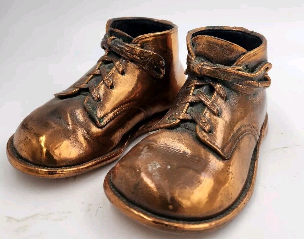 Bronze Baby Shoes Bookends Vintage 1950  Cottage Decor Decorative  Signed
