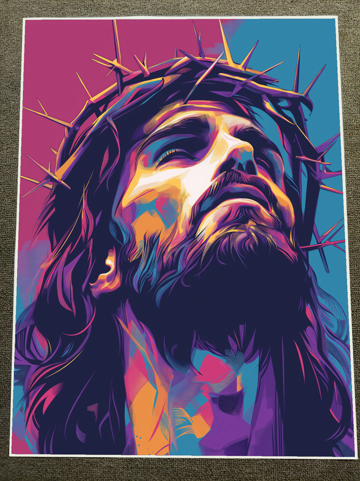 Vibrant Jesus with Crown of Thorns Art Poster 18x24in