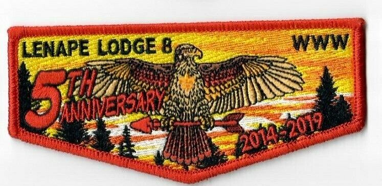 Boy Scout OA 8 Lenape Lodge 5th Anniversary Red Border Flap