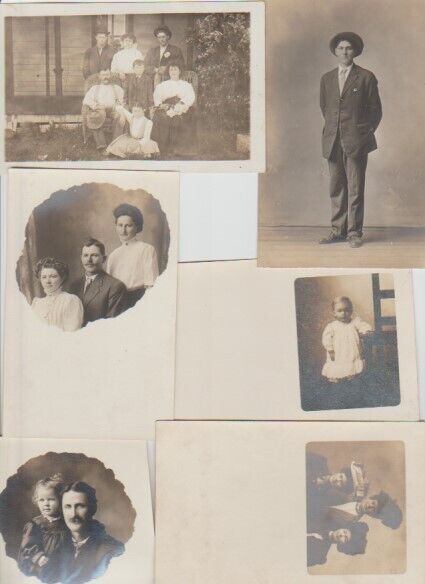Six 1900\'s Antique Vintage Black & White Photo Postcards Kids Families Hats