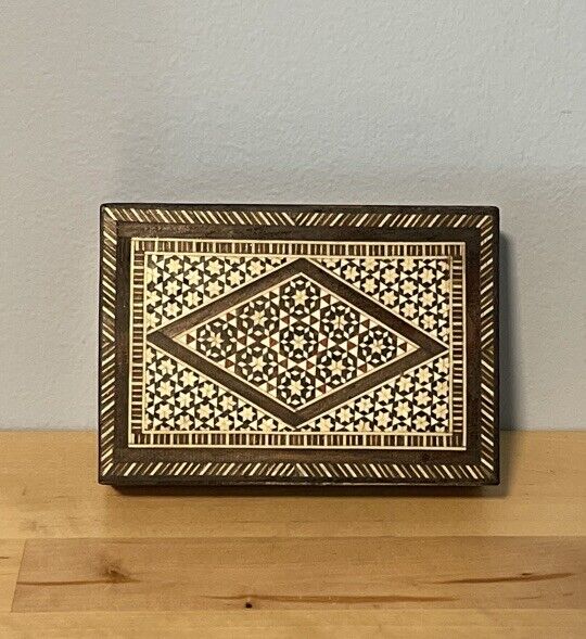 Vintage Persian Khatam Mosaic Inlaid Wooden Jewelry Box Trinket 5.25”x3.75”