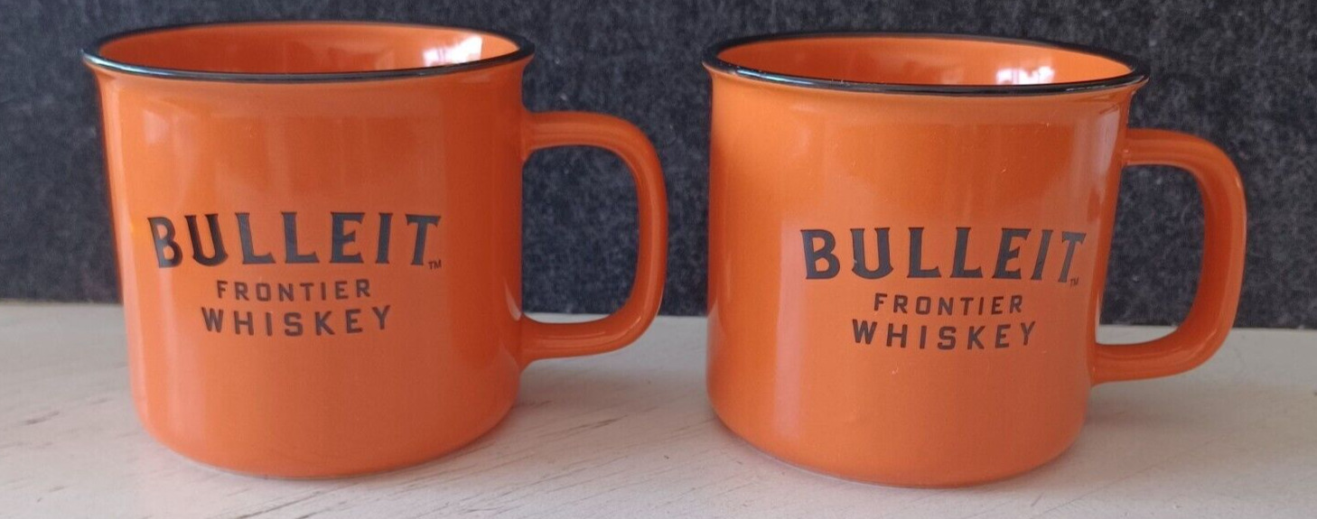 Pair of Bulleit Frontier Kentucky Whiskey Bourbon Ceramic Orange Mugs Cups Drink