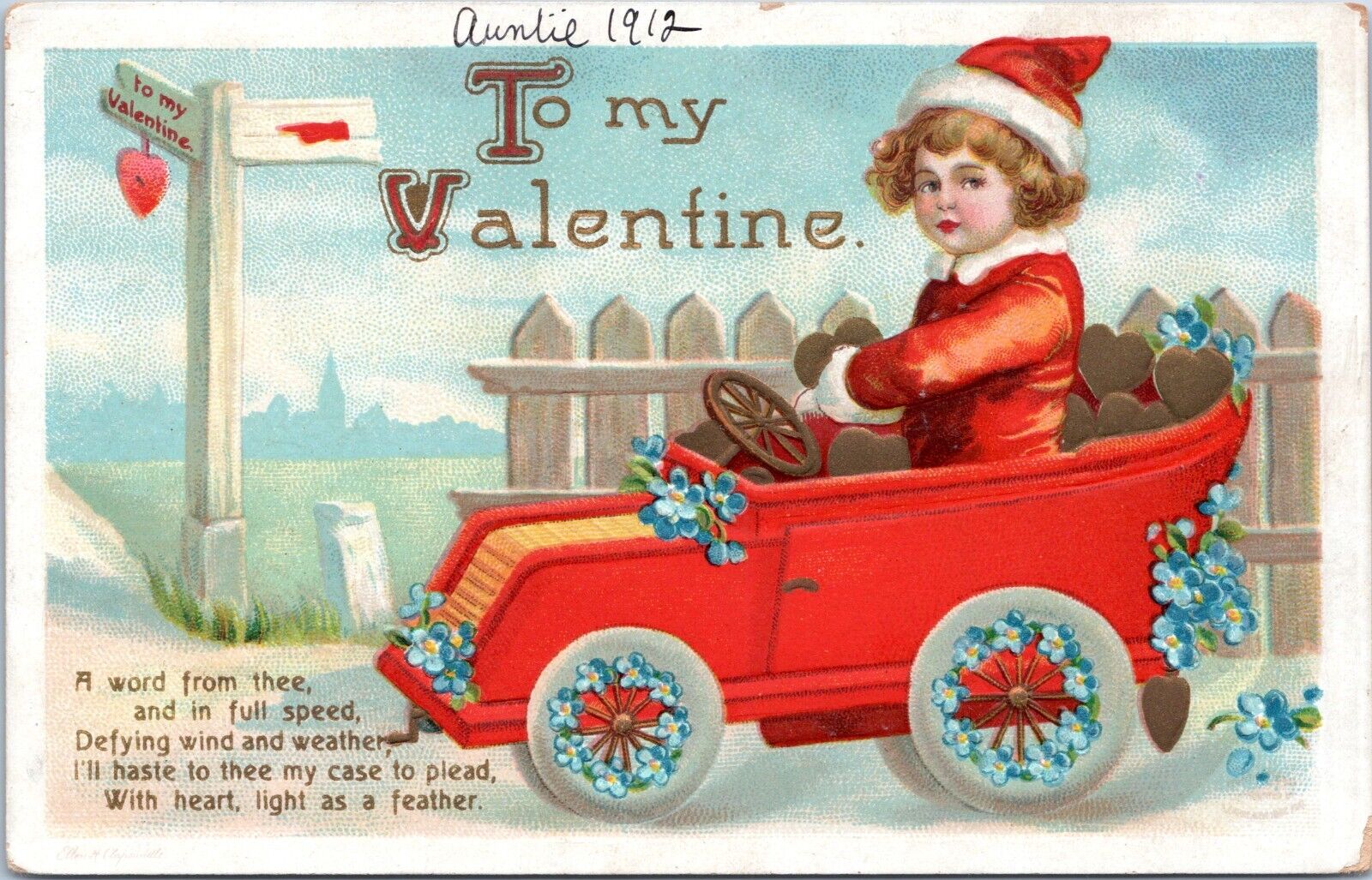 1912 Valentines Postcard- Unsigned Ellen Clapsaddle- Girl Driving Flower Car