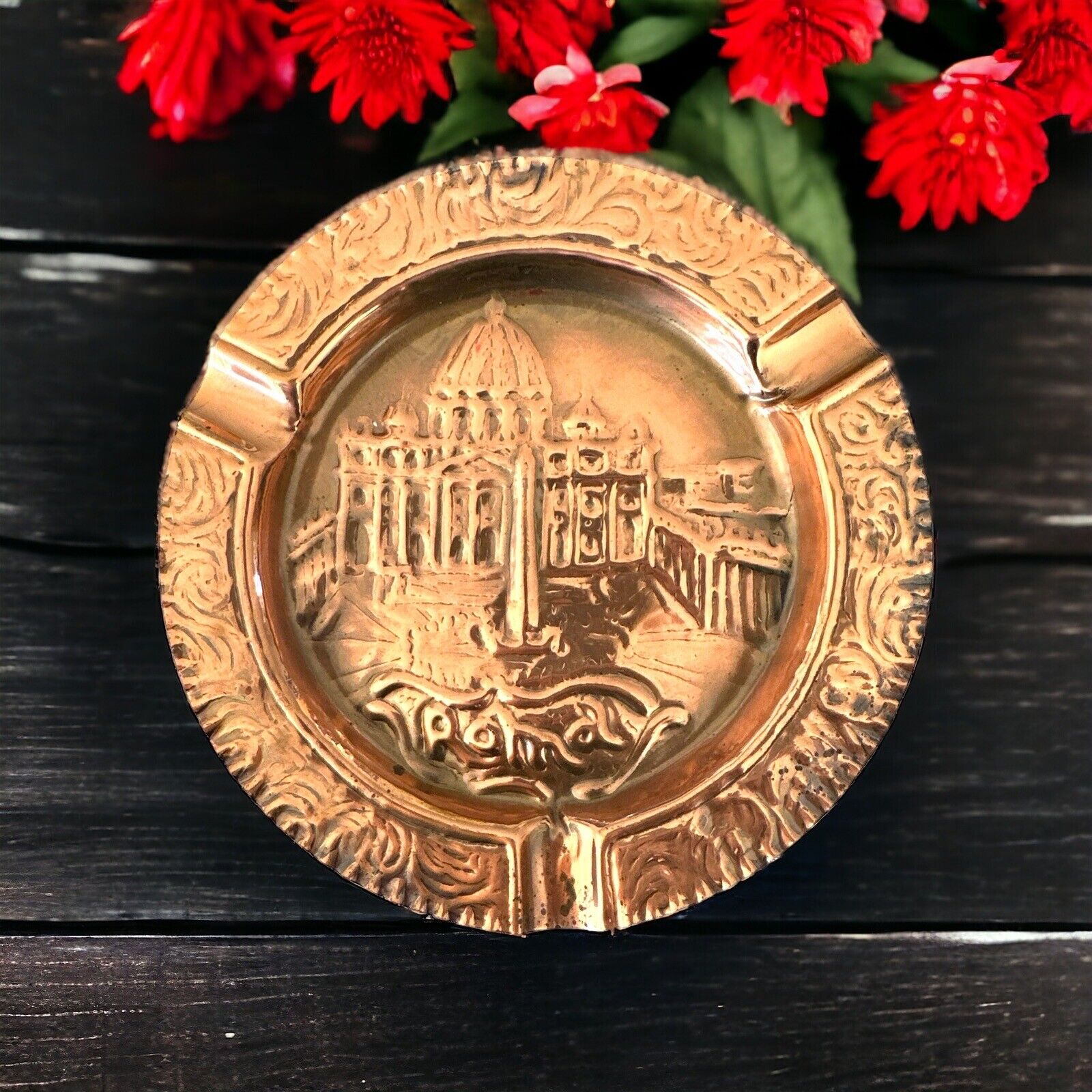 Roma Souvenir Vintage Embossed Copper Ashtray 3 Indents Colosseum Italy