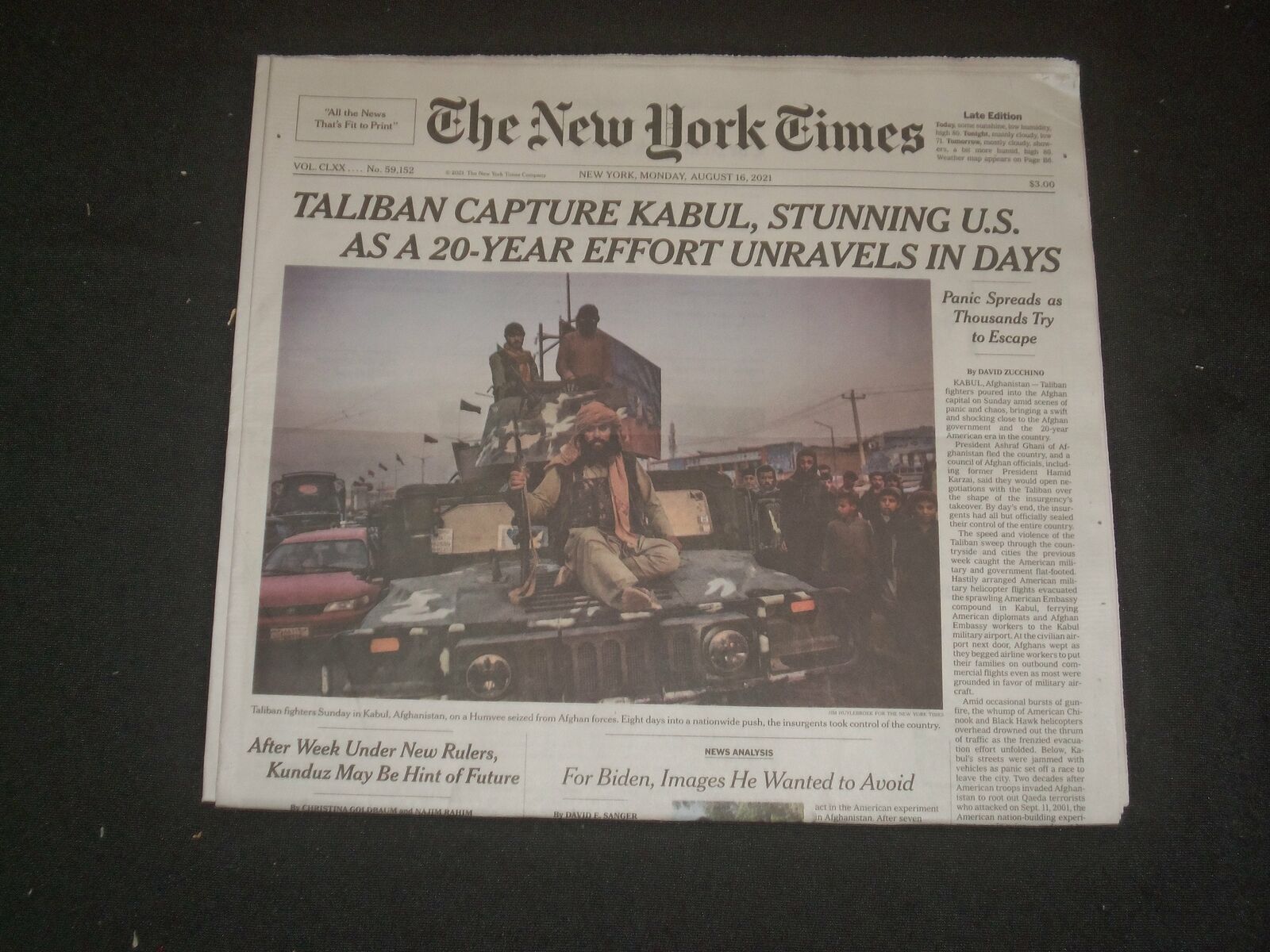 2021 AUGUST 16 NEW YORK TIMES - TALIBAN CAPTURE KABUL, STUNNING U.S.