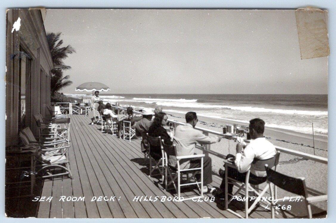 1940\'s RPPC POMPANO BEACH FLORIDA SEA ROOM DECK HILLSBORO CLUB OCEANFRONT